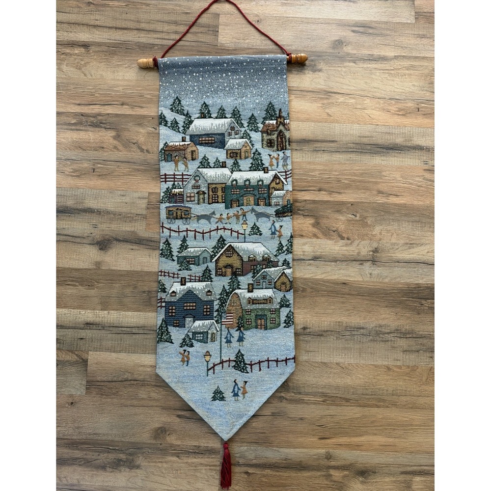 Vintage 90s Christmas Tapestry Wall Hanging Country Village 36in x 12.5"